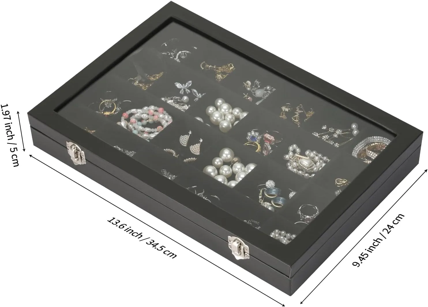 Velvet Jewelry Earring Organizer Tray Box, 24 Grids Ring Bracelet Necklace Brooches Pendants Bead storage Holder Case With Clear Lid for Women Gril for Home Shop Display (Black)