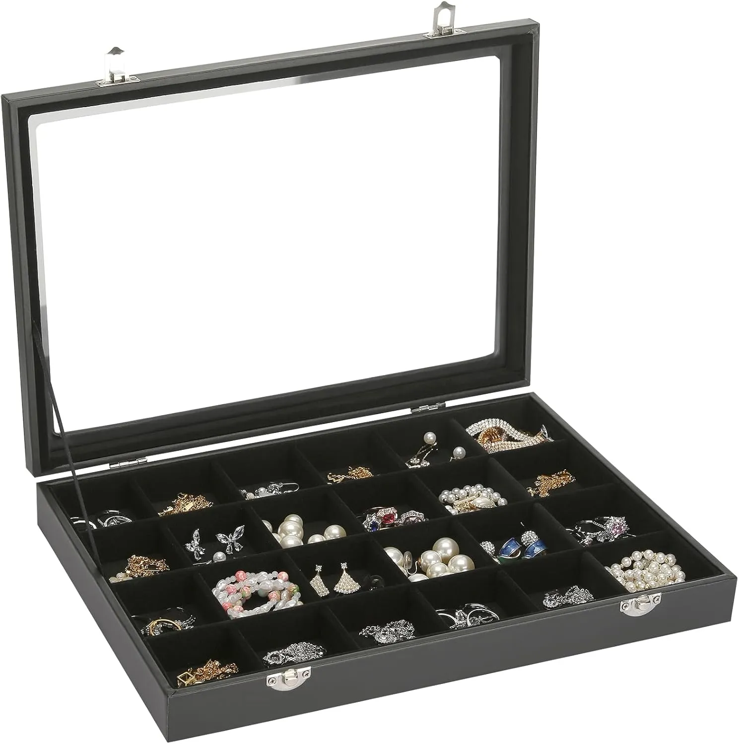 Velvet Jewelry Earring Organizer Tray Box, 24 Grids Ring Bracelet Necklace Brooches Pendants Bead storage Holder Case With Clear Lid for Women Gril for Home Shop Display (Black)