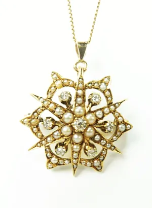 Victorian 15ct Gold Diamond And Seed Pearl Pendant With Necklace