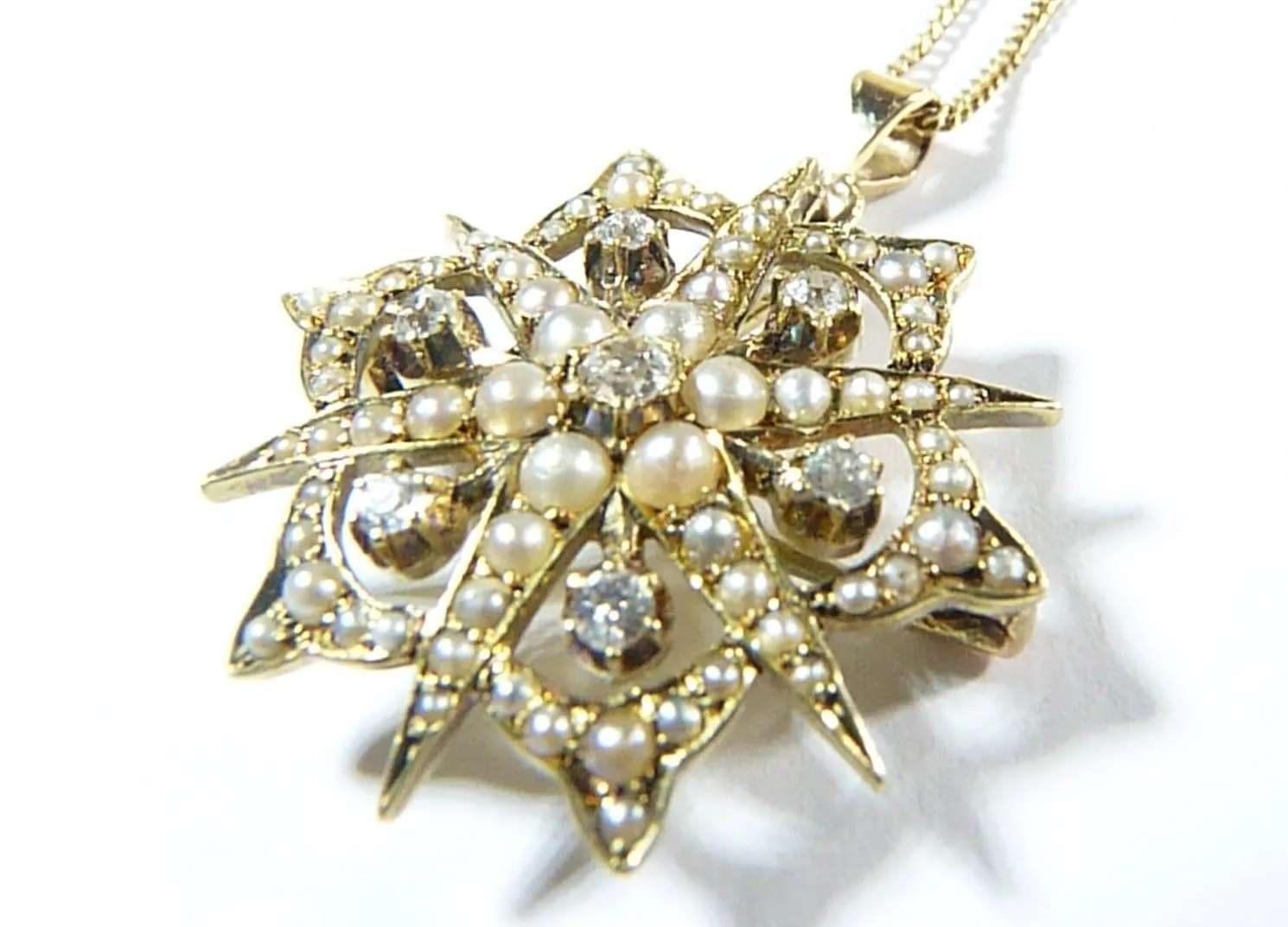 Victorian 15ct Gold Diamond And Seed Pearl Pendant With Necklace
