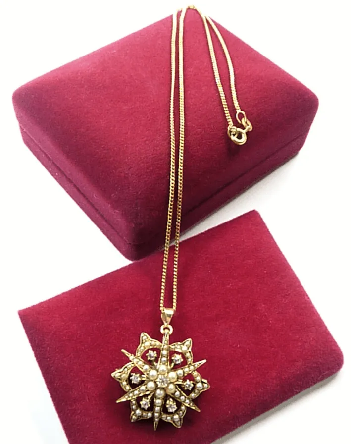 Victorian 15ct Gold Diamond And Seed Pearl Pendant With Necklace
