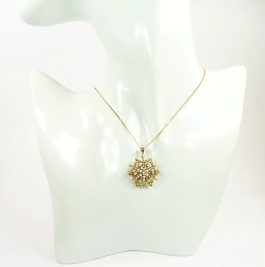 Victorian 15ct Gold Diamond And Seed Pearl Pendant With Necklace