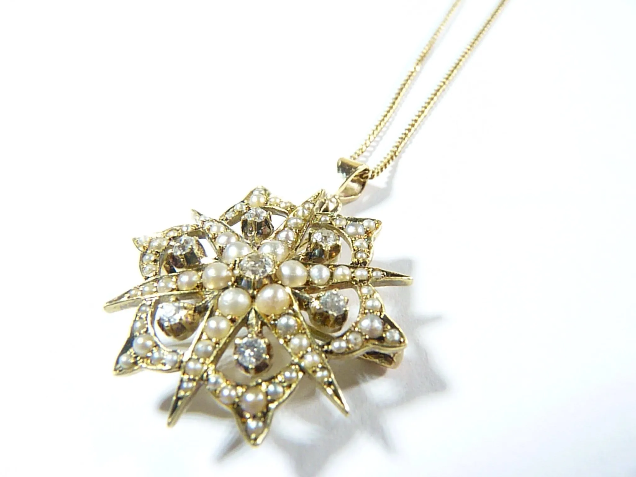 Victorian 15ct Gold Diamond And Seed Pearl Pendant With Necklace