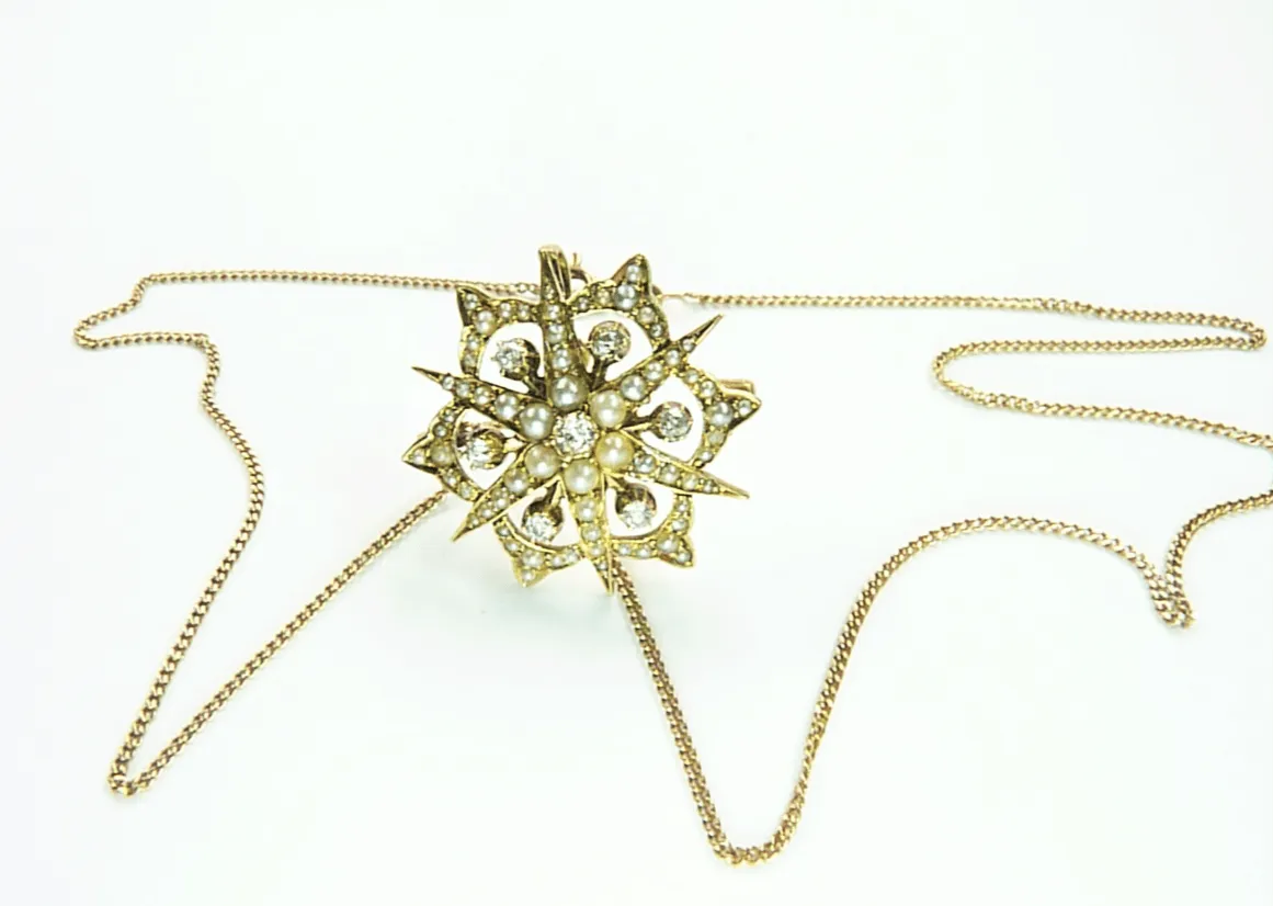 Victorian 15ct Gold Diamond And Seed Pearl Pendant With Necklace