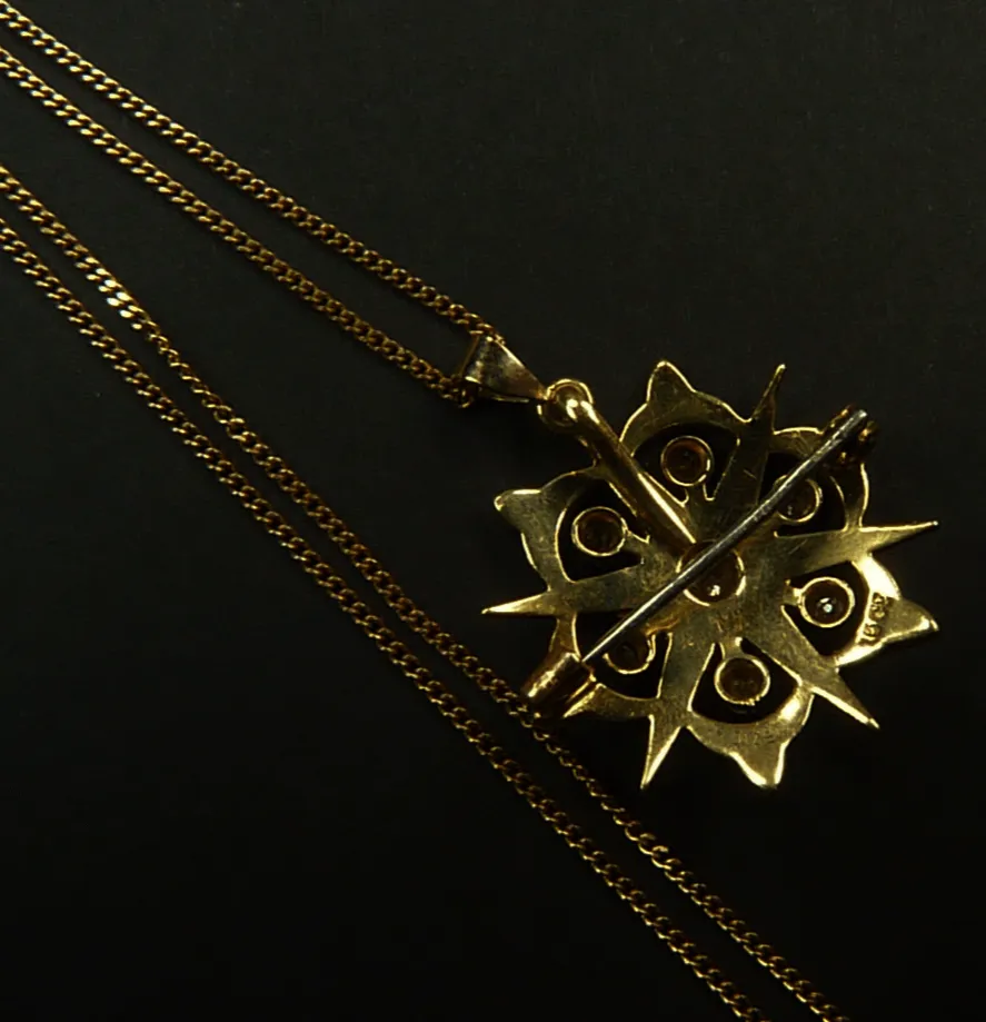 Victorian 15ct Gold Diamond And Seed Pearl Pendant With Necklace