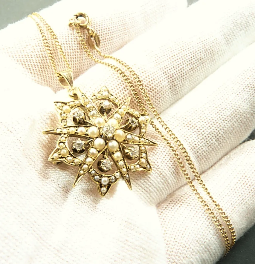 Victorian 15ct Gold Diamond And Seed Pearl Pendant With Necklace
