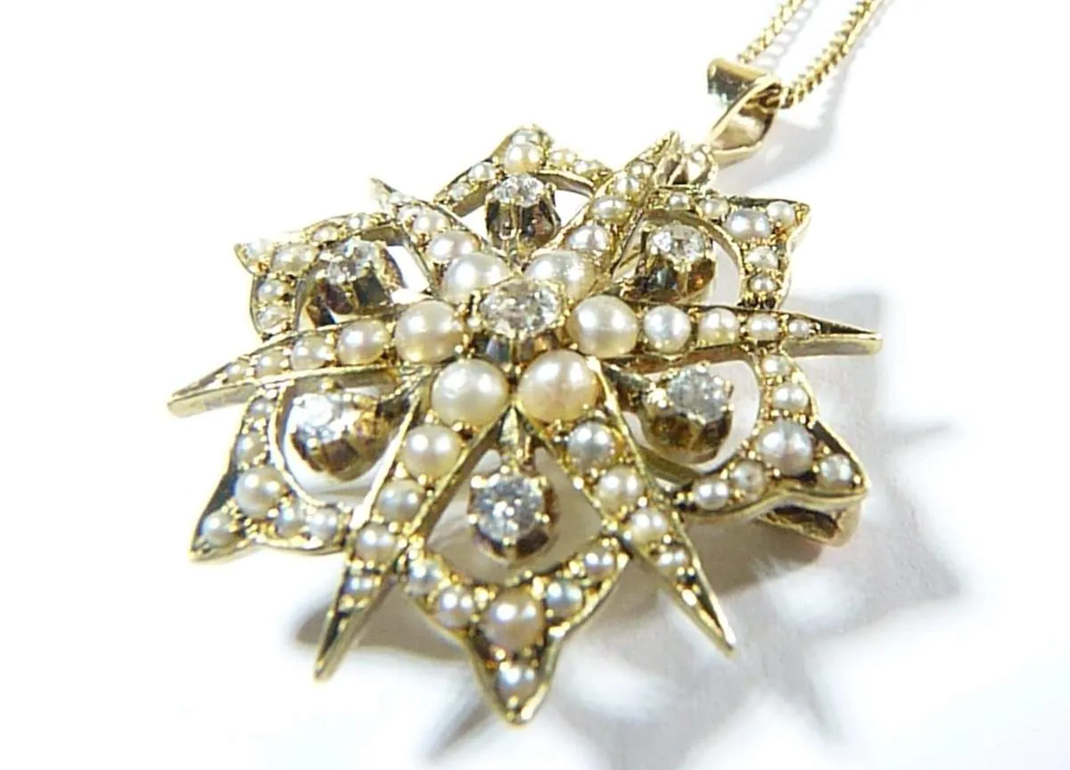 Victorian 15ct Gold Diamond And Seed Pearl Pendant With Necklace